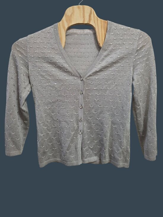 Unknown Sweaters - Silver Sparkling Button-Up Cardigan With Rhinestone Buttons and Accents  READ